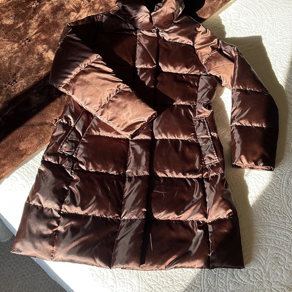 Lands' End Long Puffer Coat Women’s Medium 10–12 Bronze Brown Goose Down Warm - Picture 2 of 16